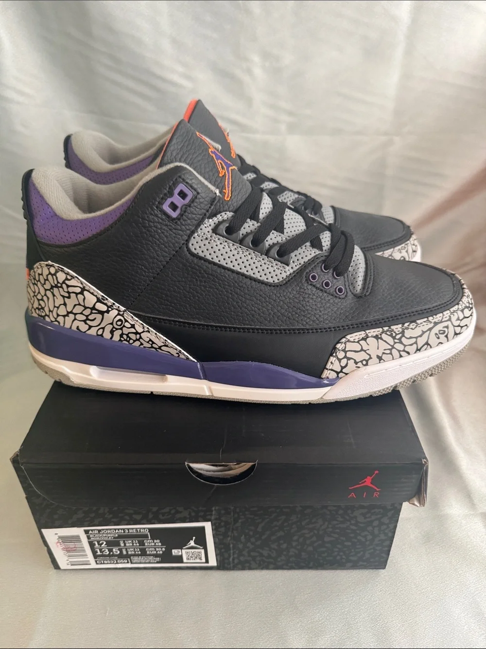 New! Air Jordan 3 Retro 'Court Purple' features a black tumbled leather upper!